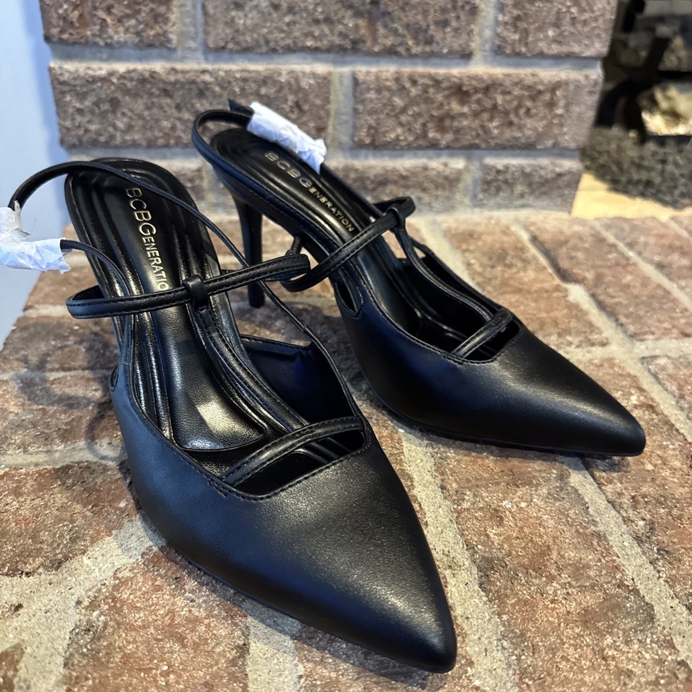 BCBGeneration Womens Black TStrap Slingback Stilleto Pointed Toe Heels US 7 #504
